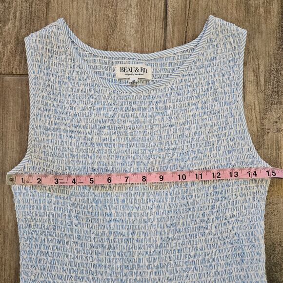 The Margot Dress Size M  Blue Seersucker Smocked Bodice Maxi Flutter Hem Pockets - Picture 6 of 12